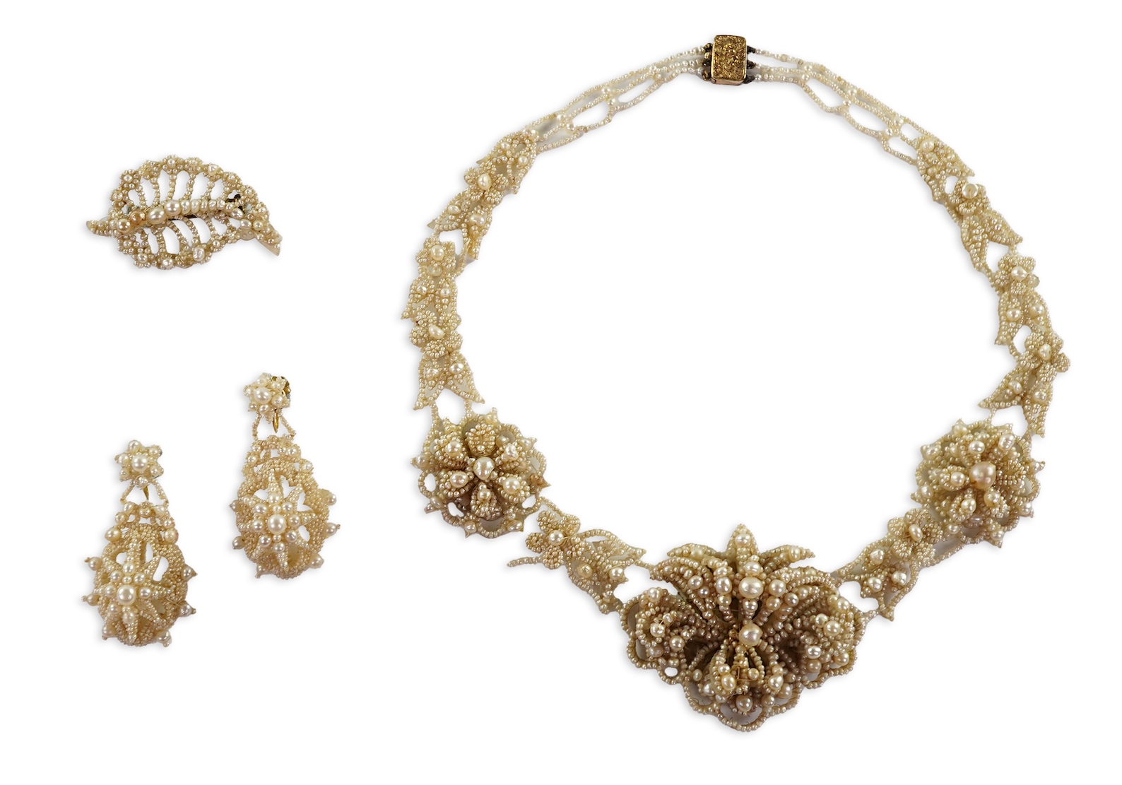 A Regency seed pearl necklace, brooch and pair of earrings, early 19th century